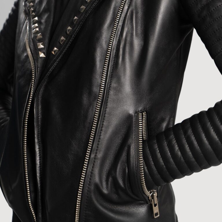 Womens Sally Mae Studded Black Leather Biker Jacket Close-Up-9-1664352689411